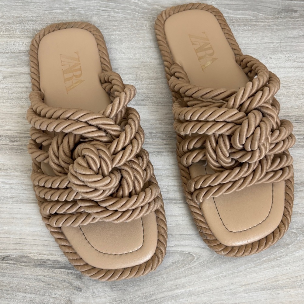 Zara Low Heeled Knotted Rope Flat Nude Sandals Size 37 - Picture 2 of 7